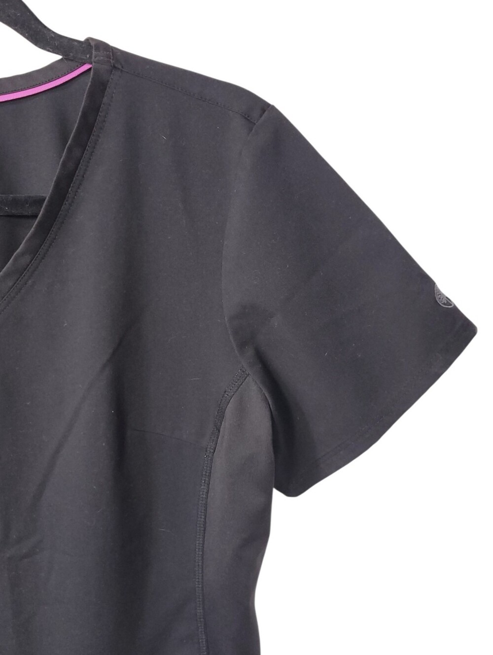 Purple Label Yoga Black Scrub Top Large Stretch V Neck 2 Pocket Medical Uniform - Picture 4 of 11